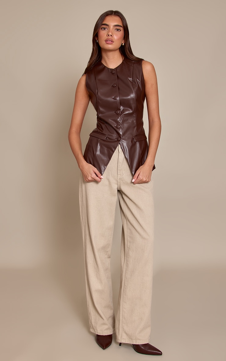 Chocolate Faux Leather Longline Waistcoat image 3