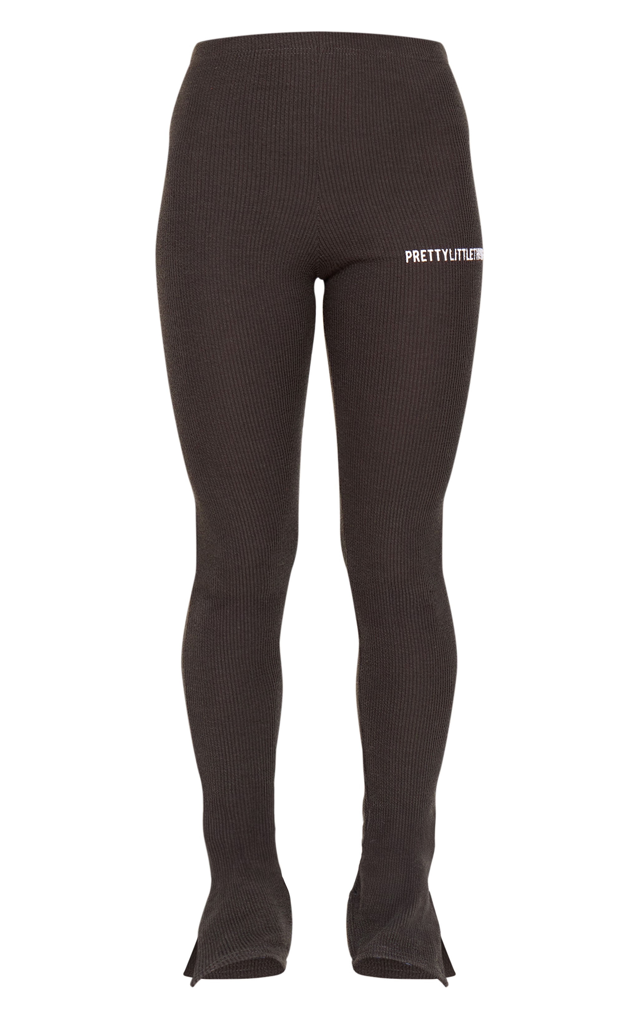 PRETTYLITTLETHING Dark Brown Crinkle Split Hem Rib Leggings image 5