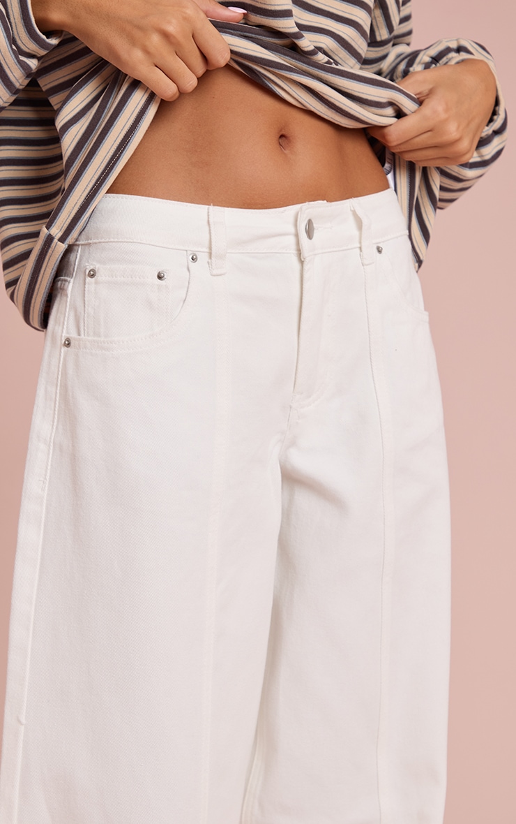 White Low Rise Seam Detail Barrel Jean