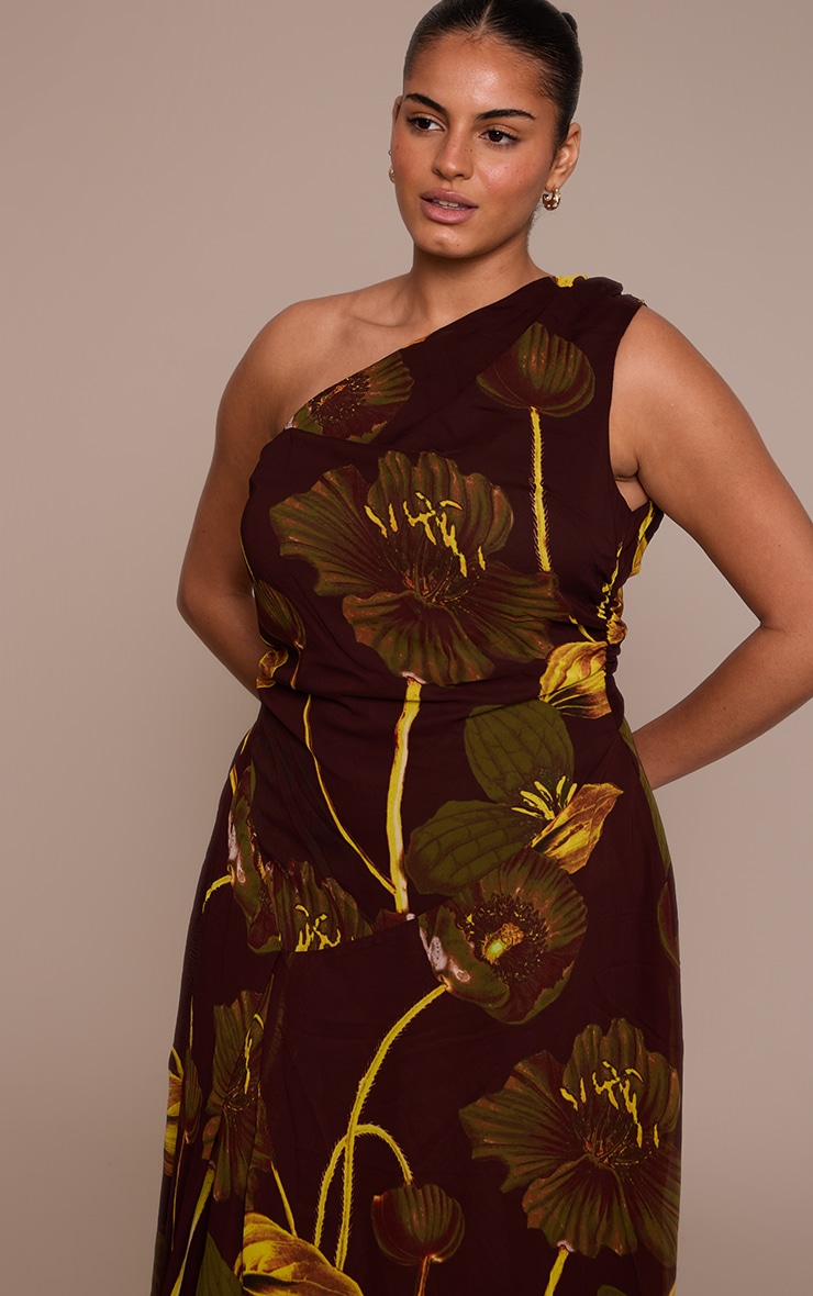 Plus Brown Floral Print Chiffon One Shoulder Maxi Dress image 4