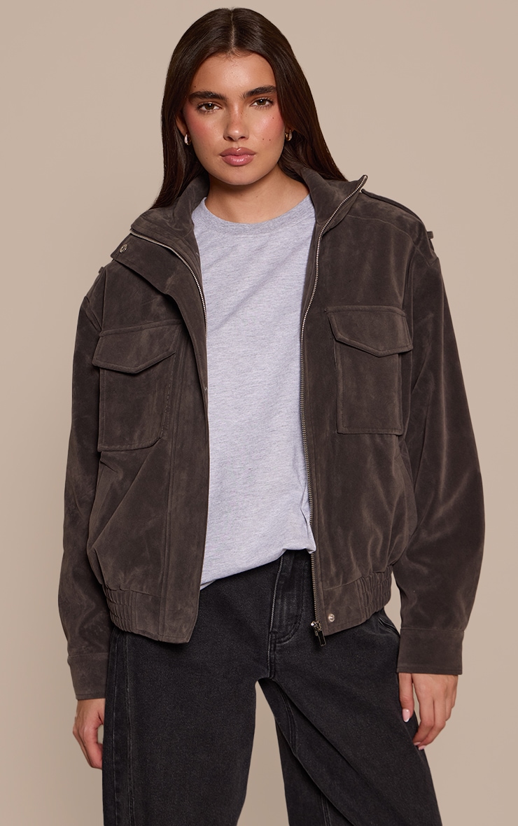 Dark Grey Funnel Neck Pocket Detail Faux Suede Bomber  image 1