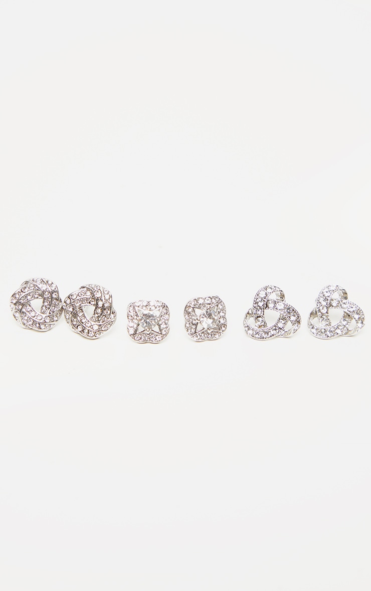 Silver Diamante Knotted Stud Earrings Multi Pack