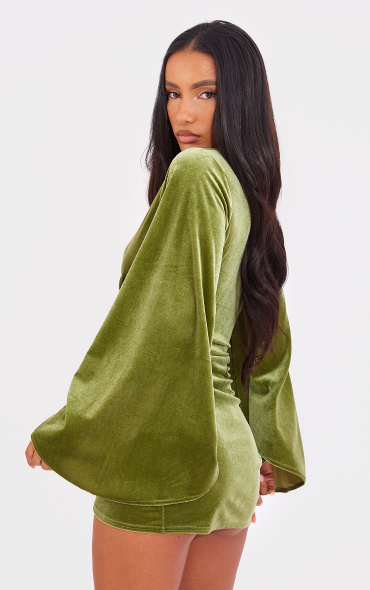 Olive Velvet Wrap Draped Shift Dress image 2