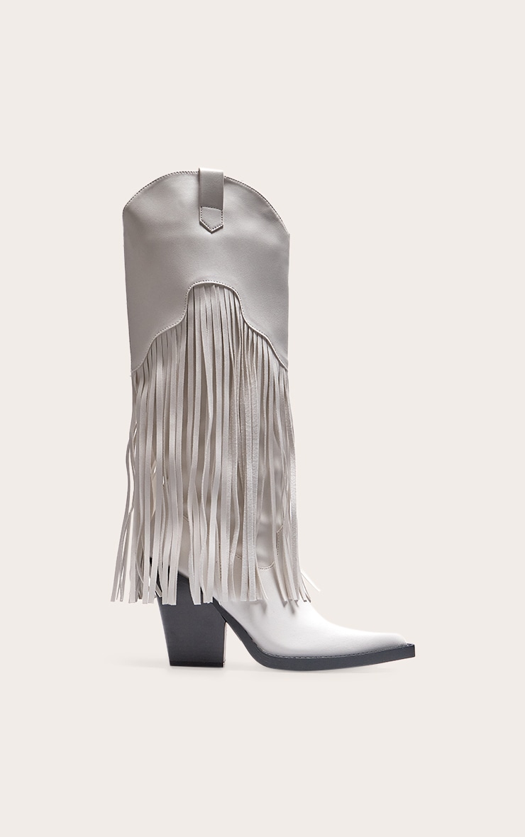 White PU Point Toe Tassel Fringed Block Heel Knee Western Boots image 5