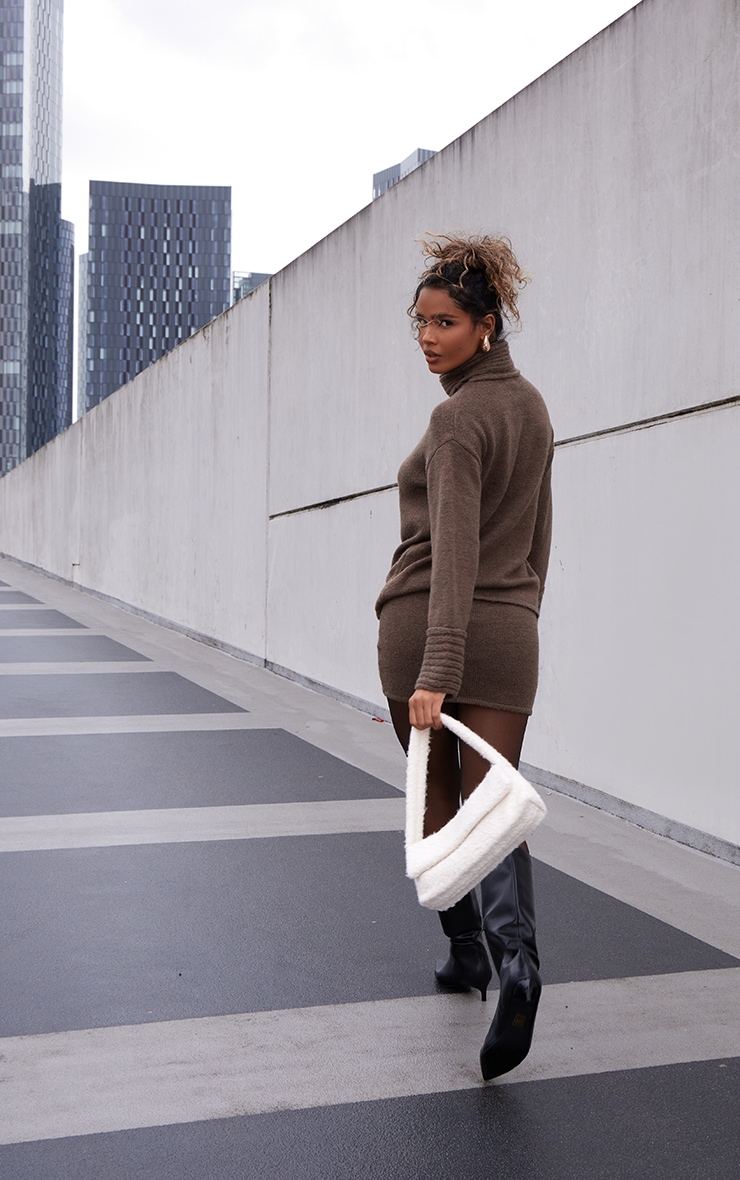Chocolate Textured Knit Roll Neck Oversized Sweater image 2