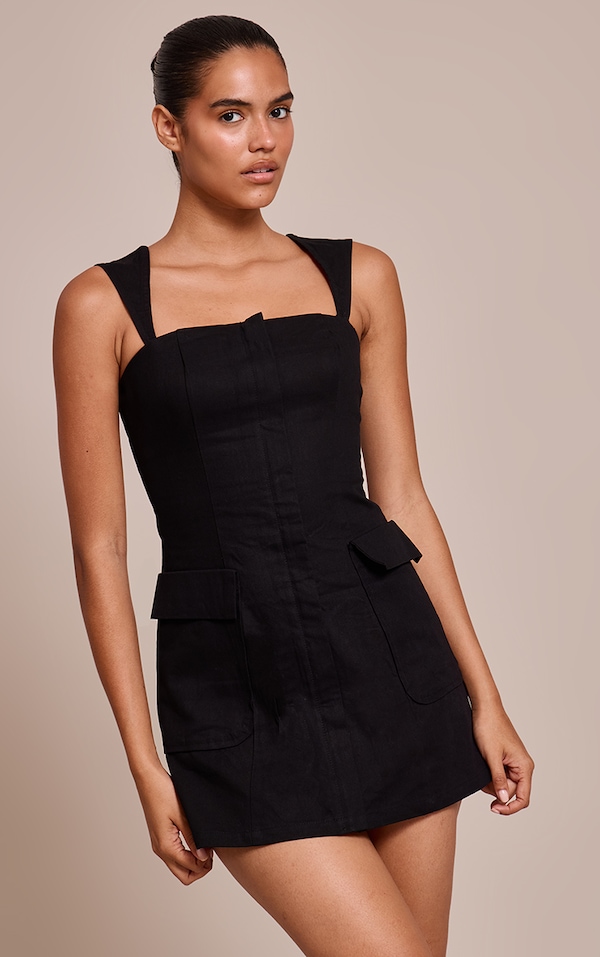 Black Zip Up Pocket Detail Bodycon Dress