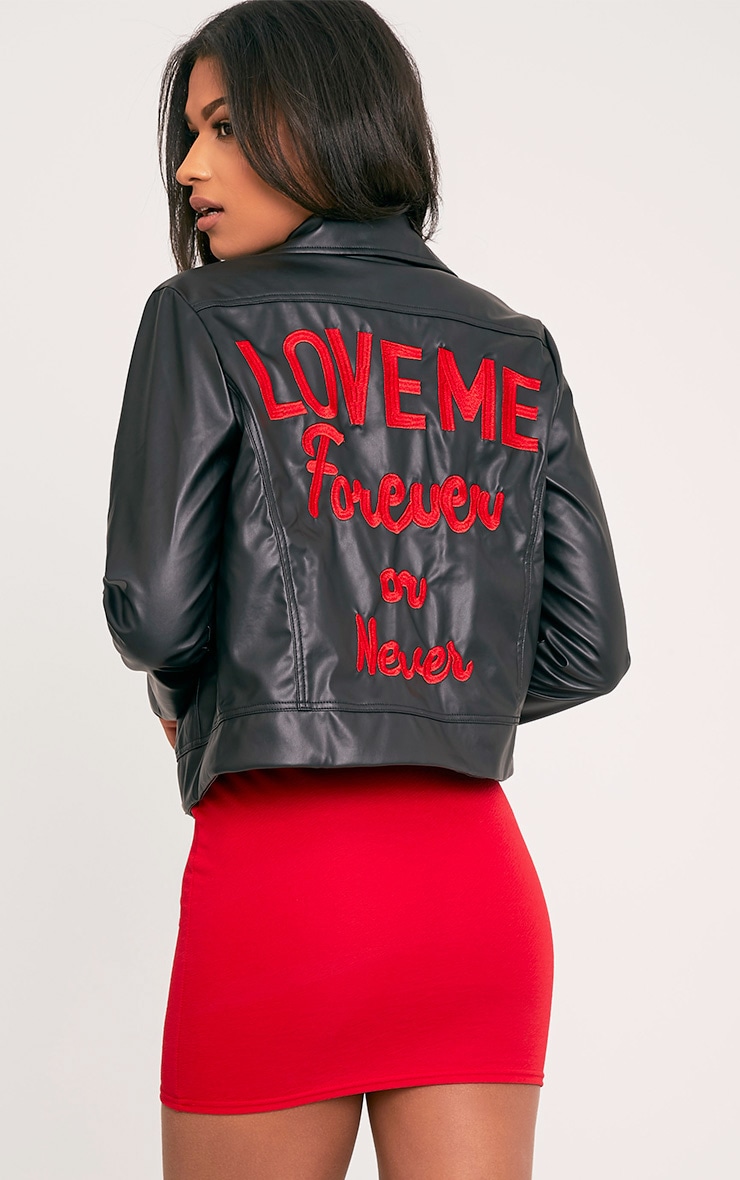Love Me Forever Slogan Pu Biker Jacket PrettyLittleThing