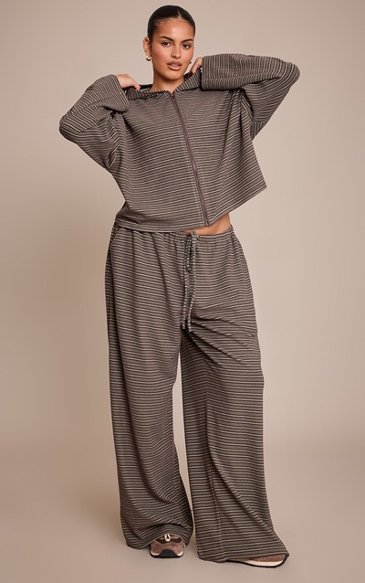 Plus Dark Green Striped Soft Fleece Straight Leg Track Pants