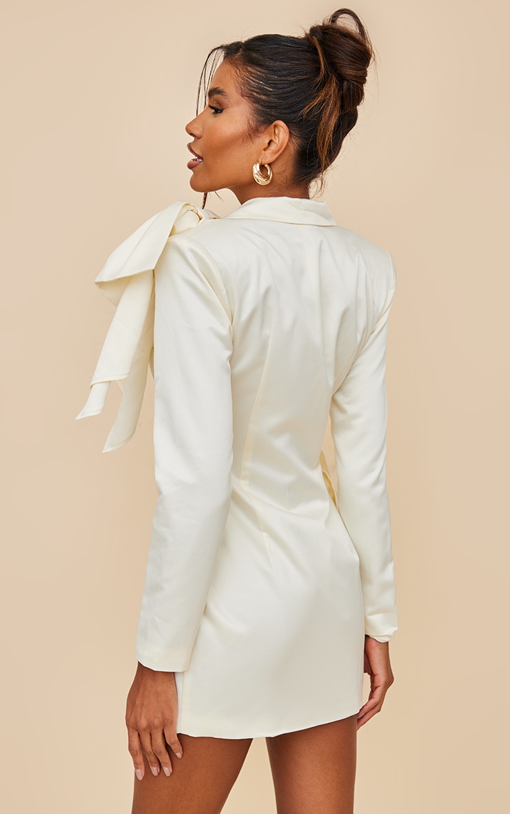 Cream Bow Shoulder Satin Blazer Dress image 2