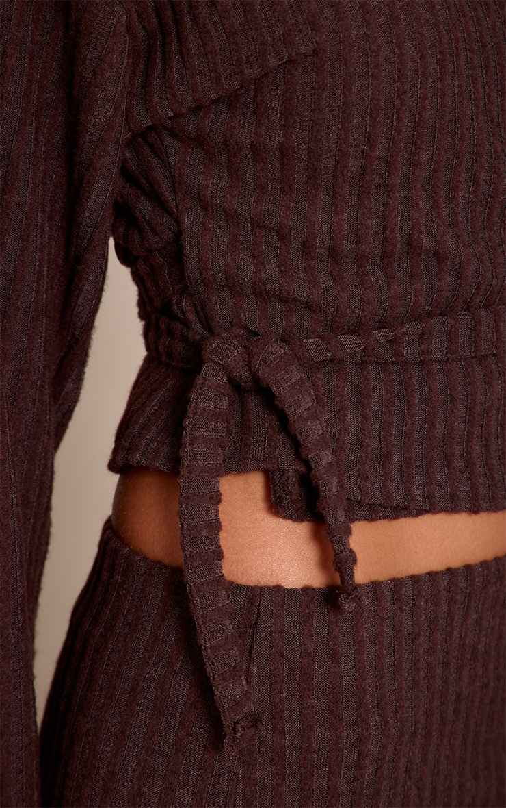 Dark Brown Brushed Wrap Over Tie Waist Top image 4