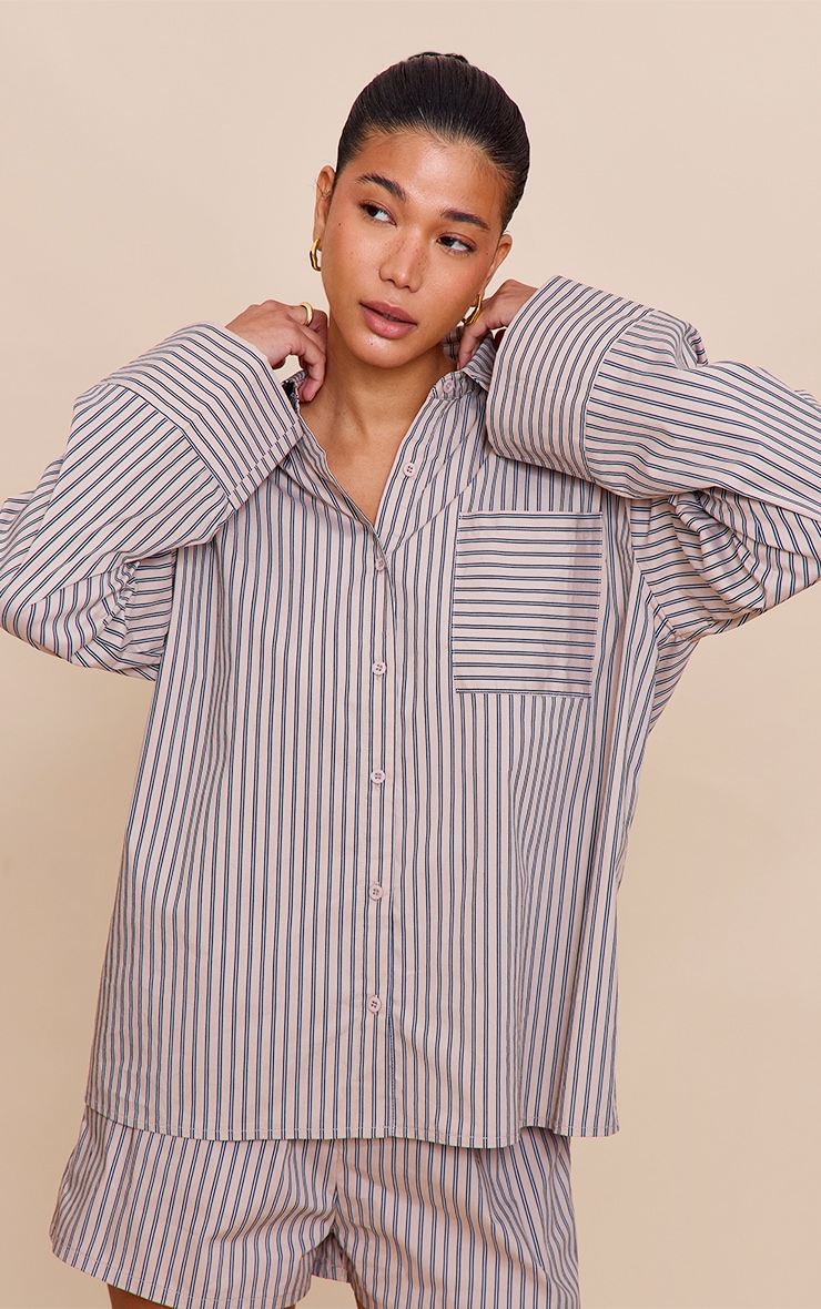 Stone Woven Pinstripe Balloon Sleeve Oversized Shirt image 1