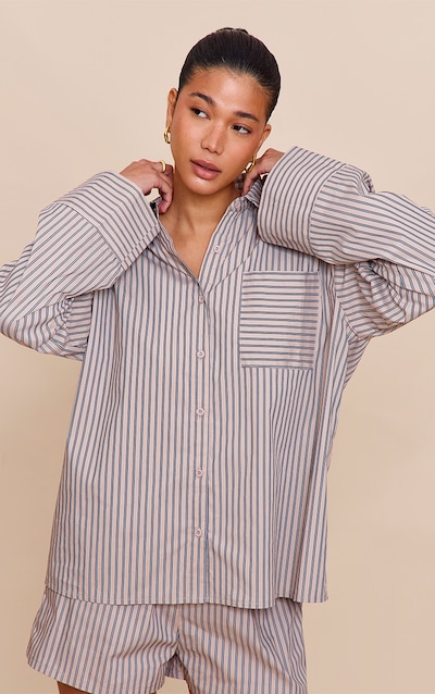 Stone Woven Pinstripe Balloon Sleeve Oversized Shirt