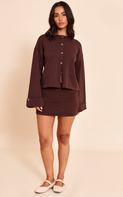 Petite Chocolate Knit Fold Over Waistband Mini Skirt