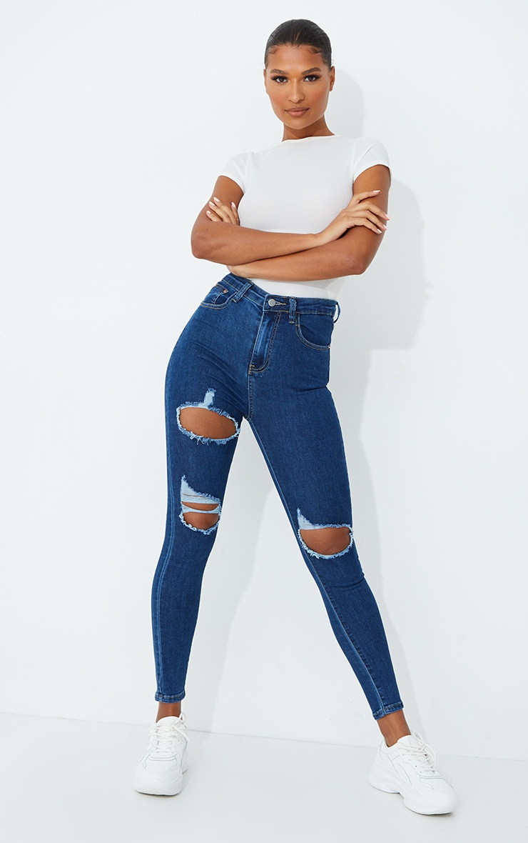 PRETTYLITTLETHING - Jean skinny bleu moyennement délavé à 5 poches et double déchirures