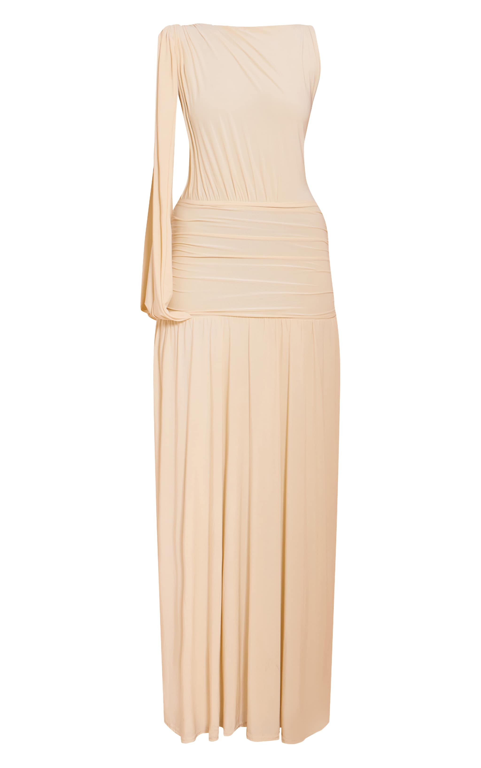 Butter Cream Double Layer Slinky Ruched One Shoulder Maxi Dress image 5