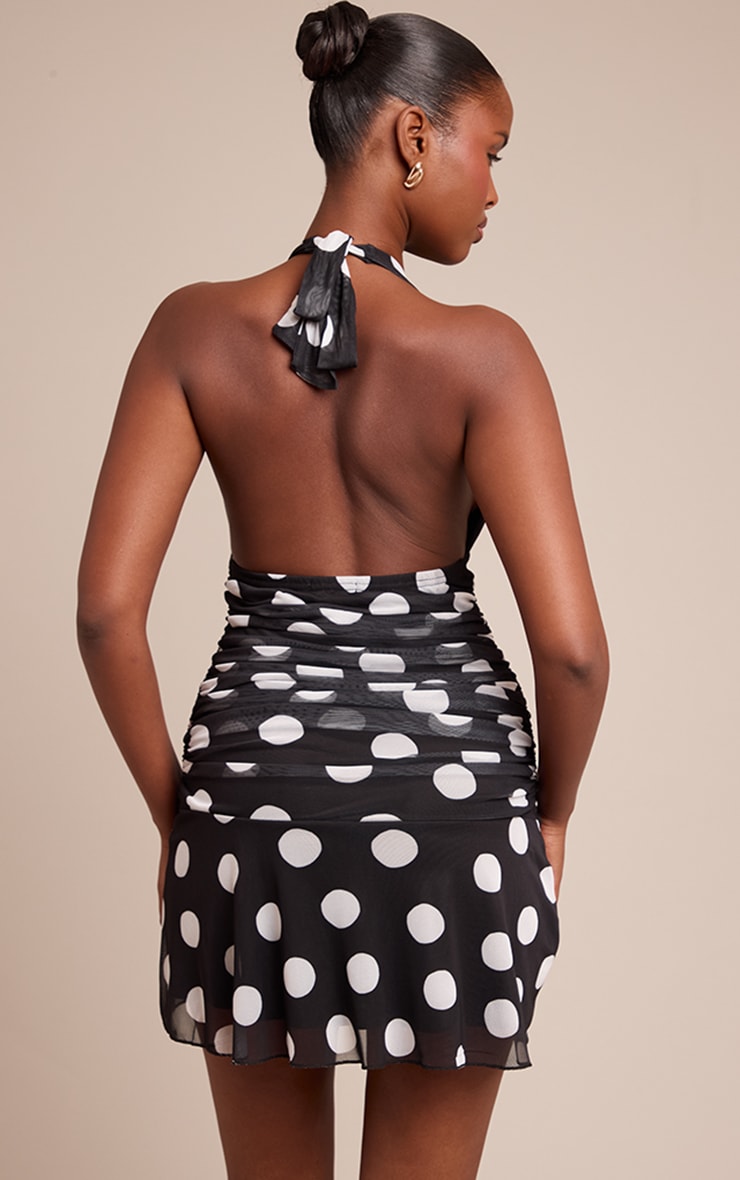 Black Contrast Polka Dot Halterneck Mini Dress image 2