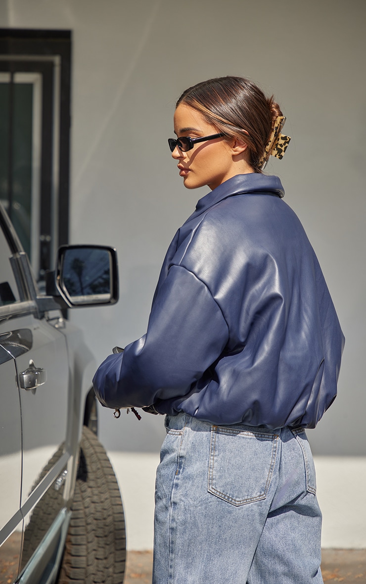 エナメルダウン　PRETTY LITTLE THING Midnight Blue Faux Leather Collar Puffer Jacket | Outerwear