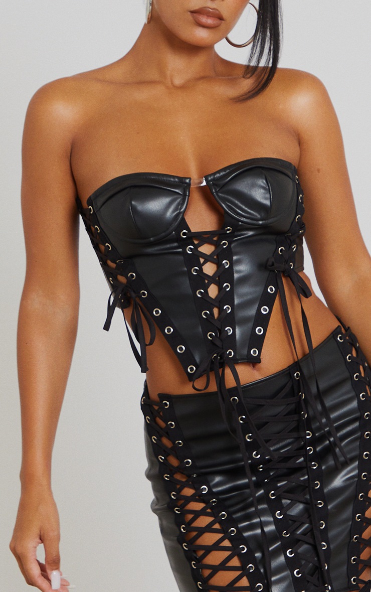 Wet Look Faux Leather Lace-Up Overbust Corset main image 1