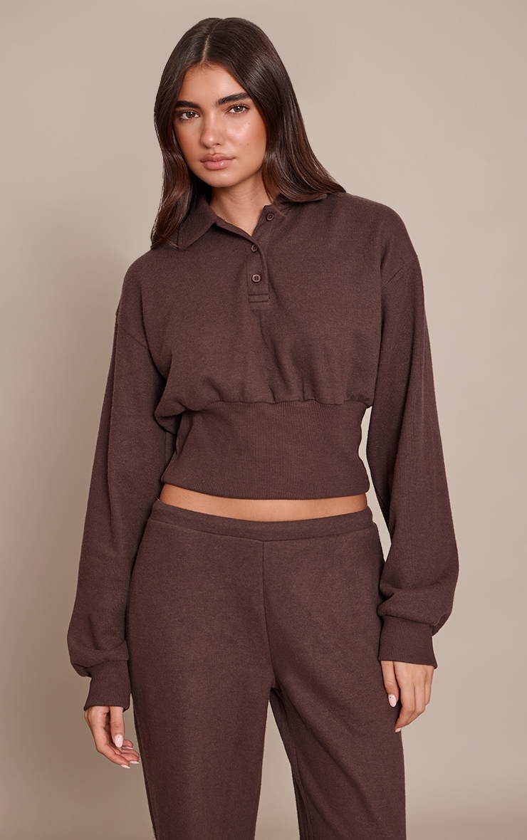 Chocolate Brushed Rib Elasticated Balloon Sleeve Polo Top image 3