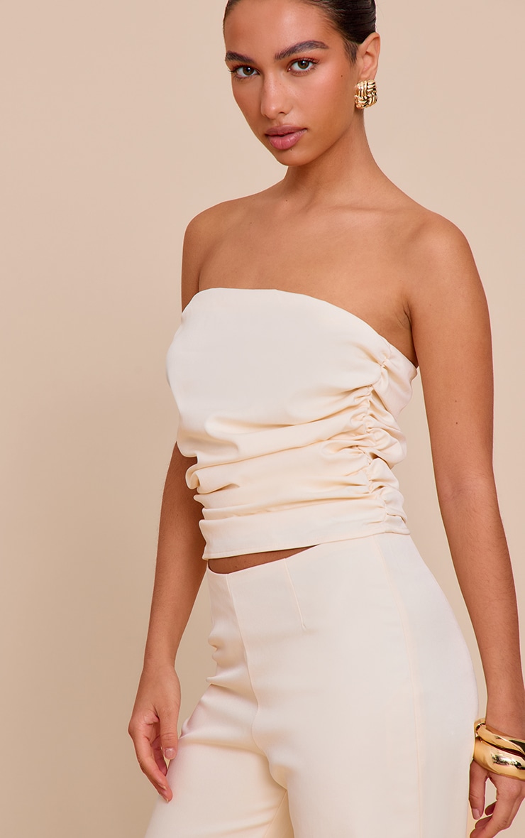 Cream Tailored Woven Ruched Bandeau Top image 4