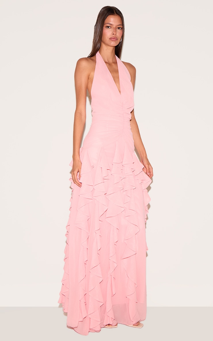 Light Pink Plunge Ruched Frill Detail Maxi Dress image 1