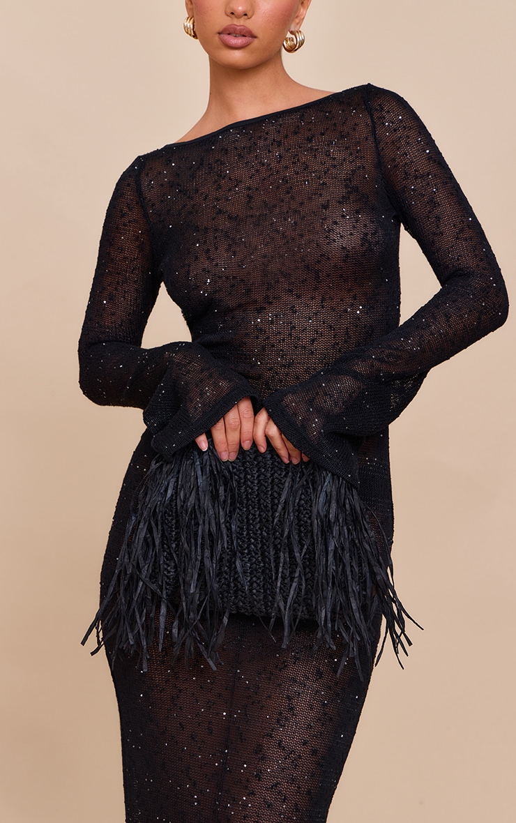 Black Shirred Textured Long Sleeve Backless Midaxi Dress image 4