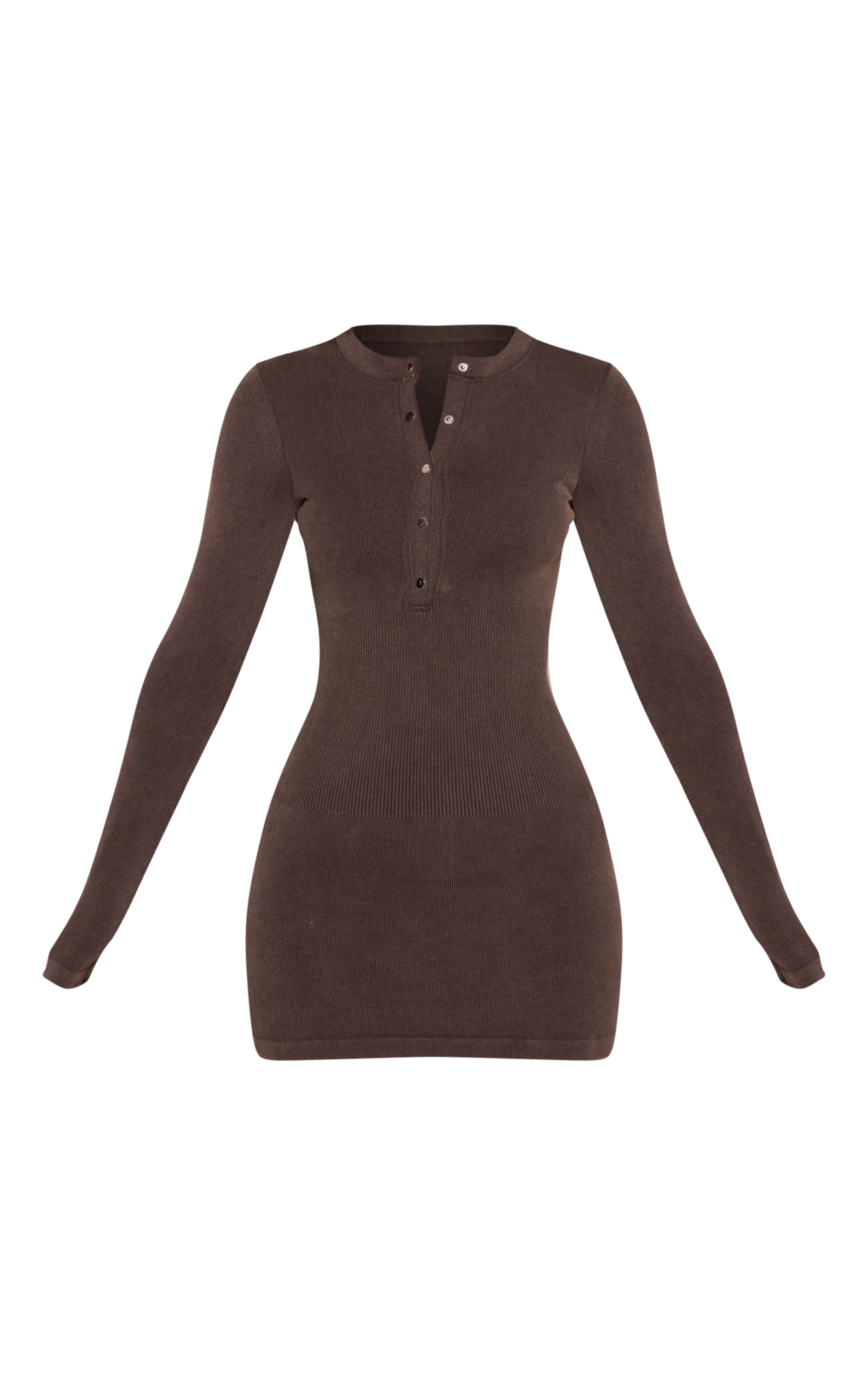 Petite Chocolate Contour Rib Button Through Long Sleeve Mini Dress image 5