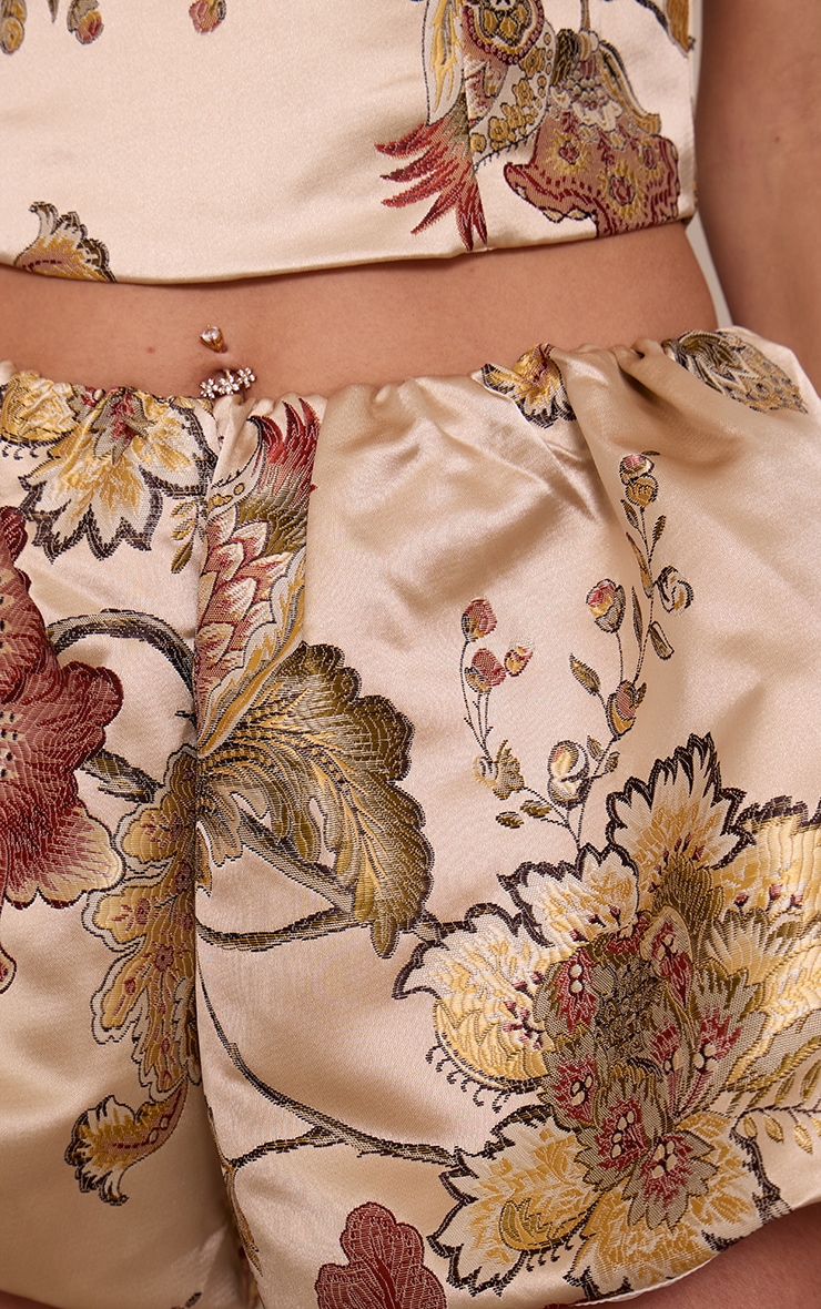 Multi Floral Jacquard Embroidered Satin Puffball Shorts image 5