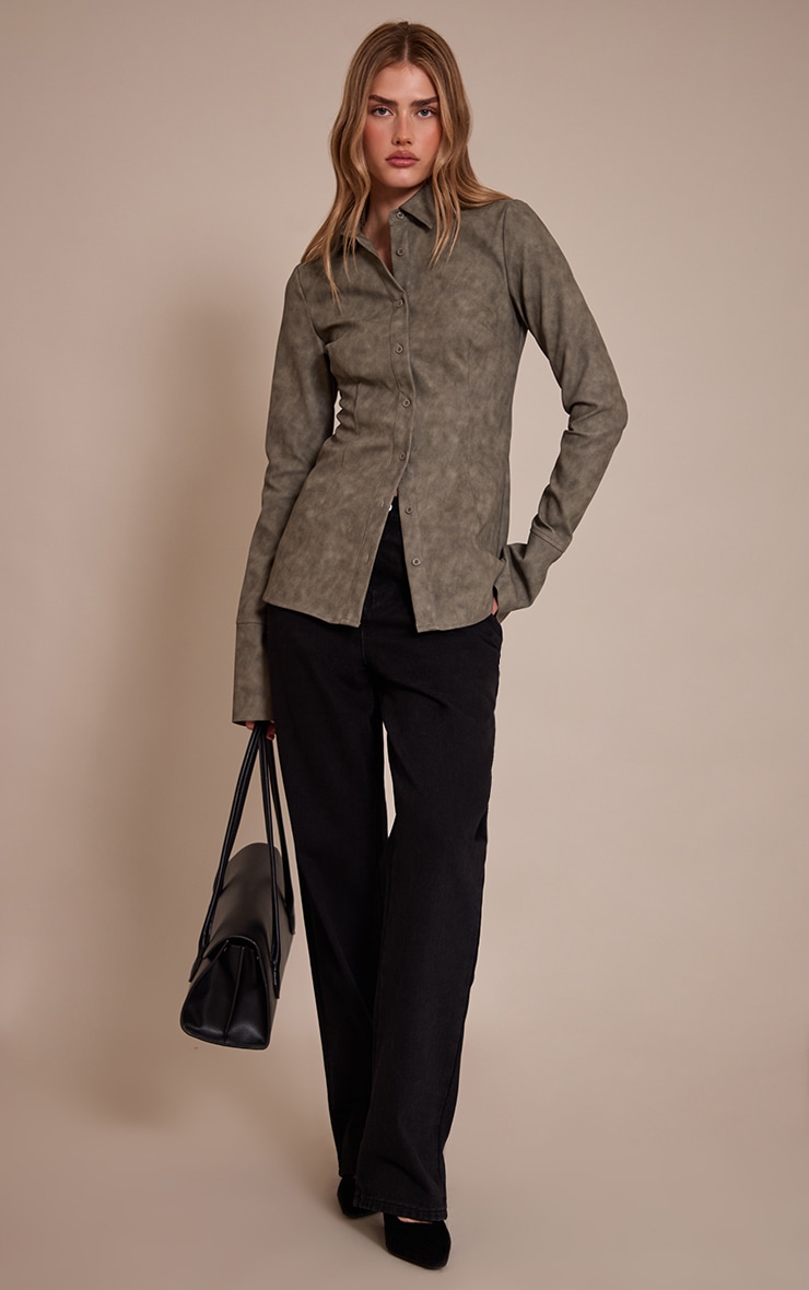 Olive Textured Faux Leather Fitted Shirt image 3
