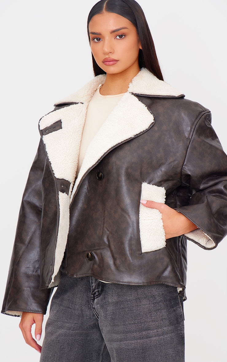 Washed Brown Distressed Faux Leather Borg Contrast Aviator Jacket image 4