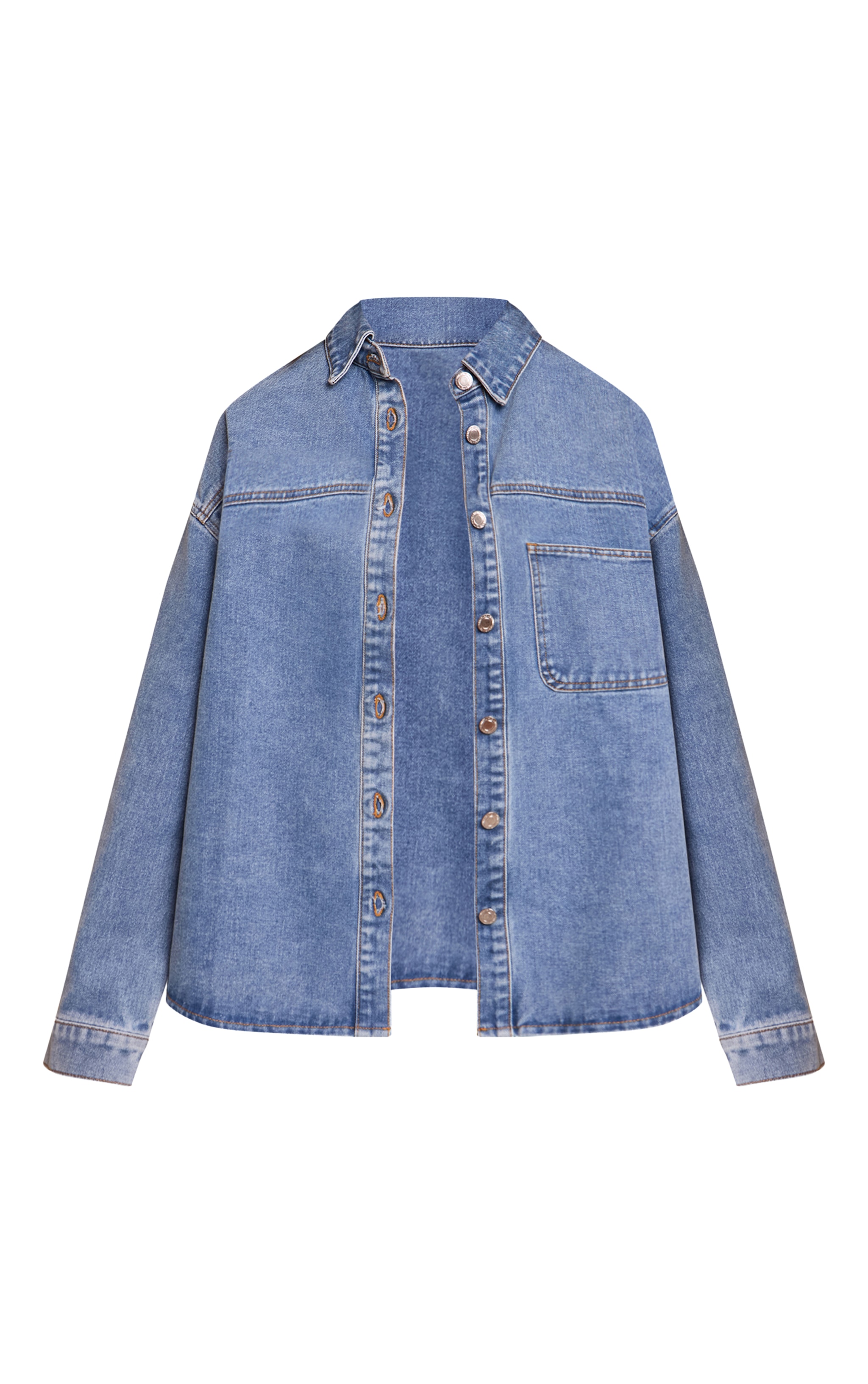Chemise en jean bleu moyen délavé à poche unique oversize image 5