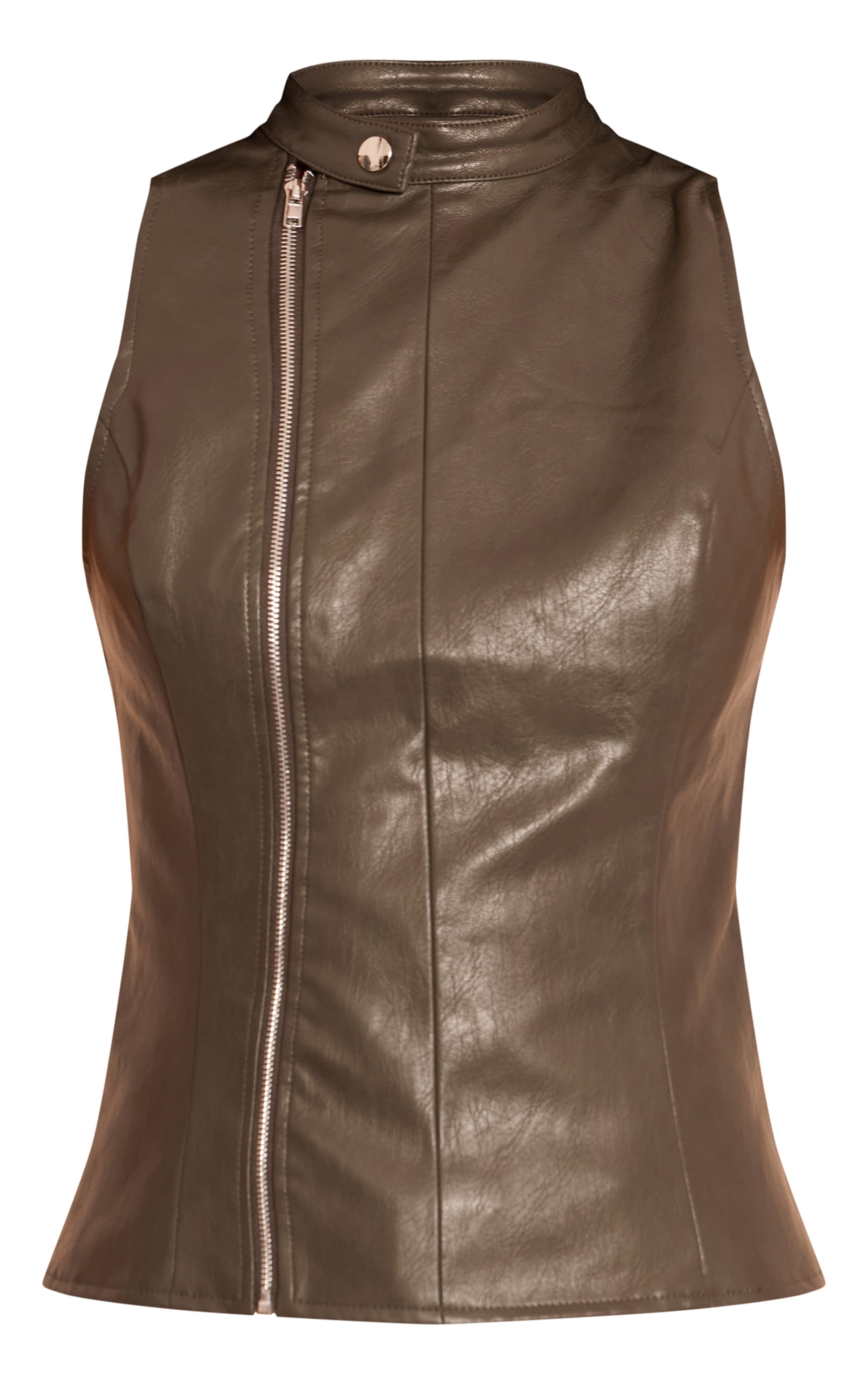 Khaki Faux Leather Zip Up Sleeveless Top image 5