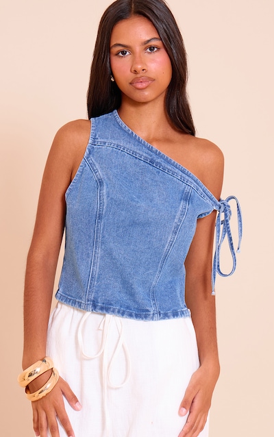 Petite Washed Blue Asymmetric Denim Crop Top
