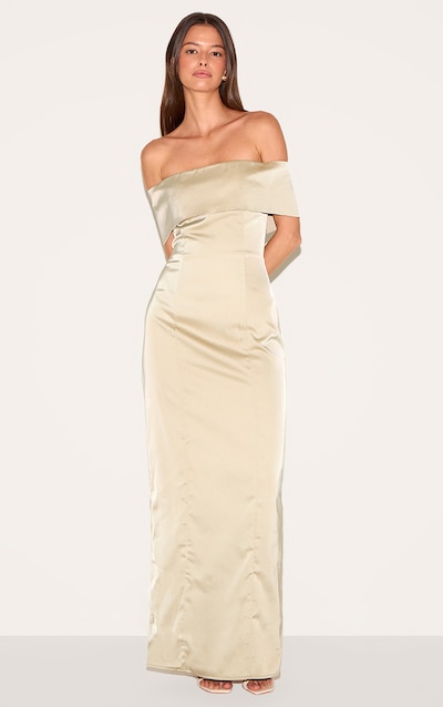 Robe de demoiselle d'honneur longue sauge sans manches à col bardot replié