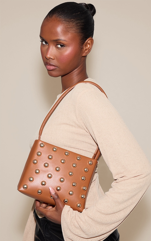 Mini sac à main structuré marron clair à clous en dômes