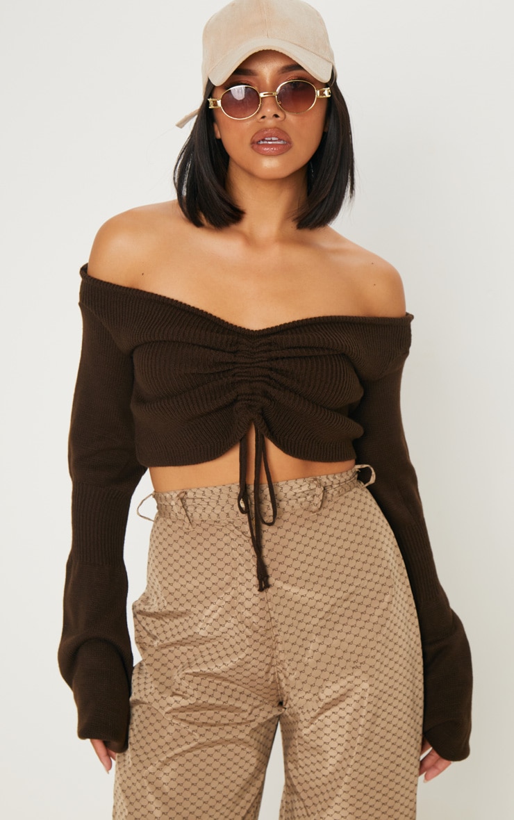 Chocolate Ruched Knit Extreme Sleeve Crop Jumper