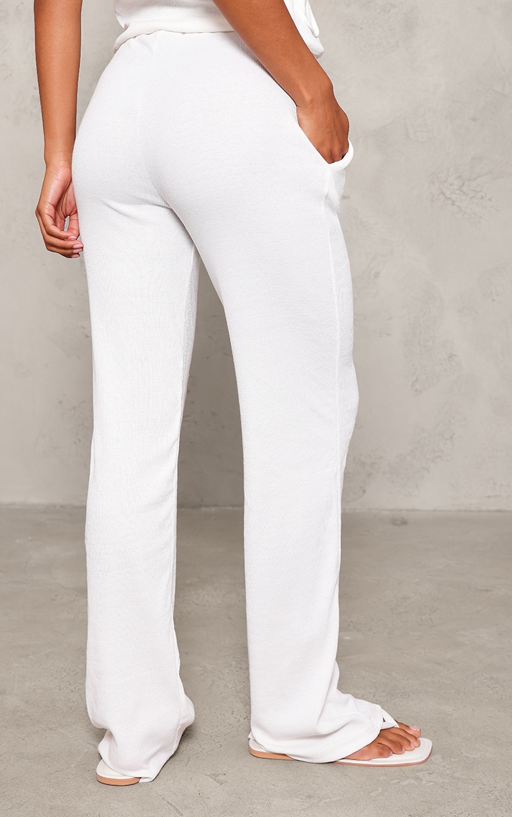 Cream Ribbed Wide Leg Pants image 3