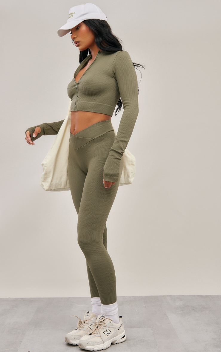 Olive Seamless Seam Detail Cropped Sports Jacket image 3