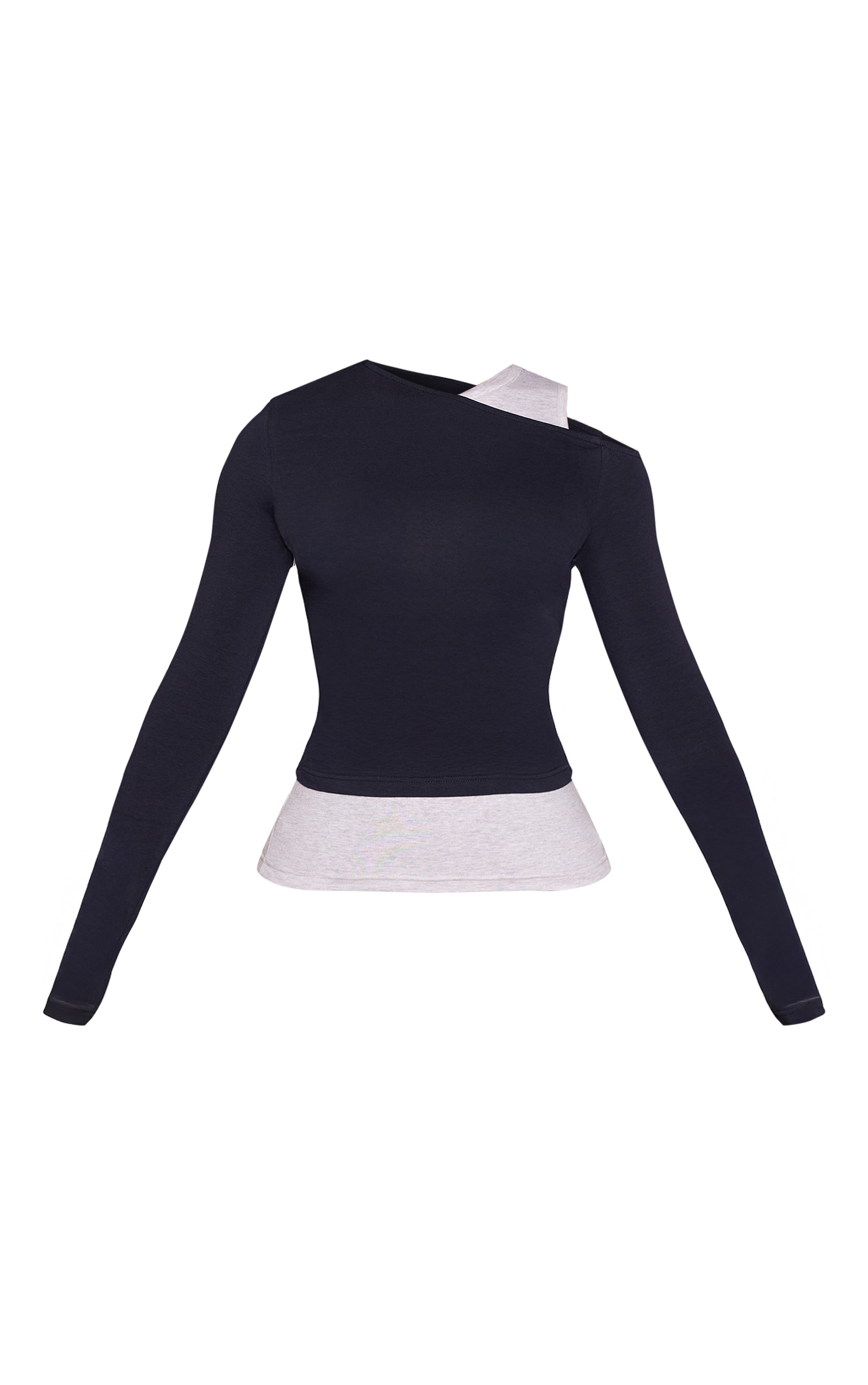 Petite Navy Contrast Double Layer Long Sleeve Asymmetric Top image 5