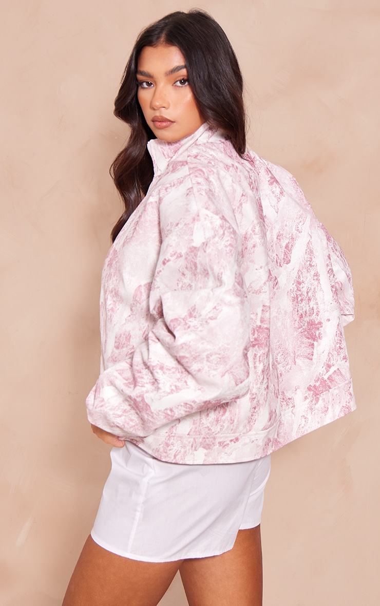 Pink Printed Textured Faux Leather Oversized Bomber Jacket image 2