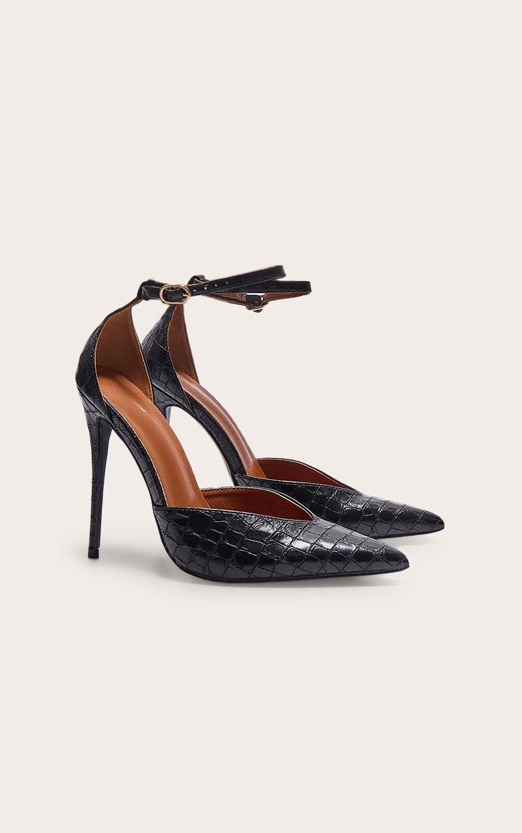 PLT Label Black Croc Faux Leather Point Toe High Heeled Court Shoes image 2