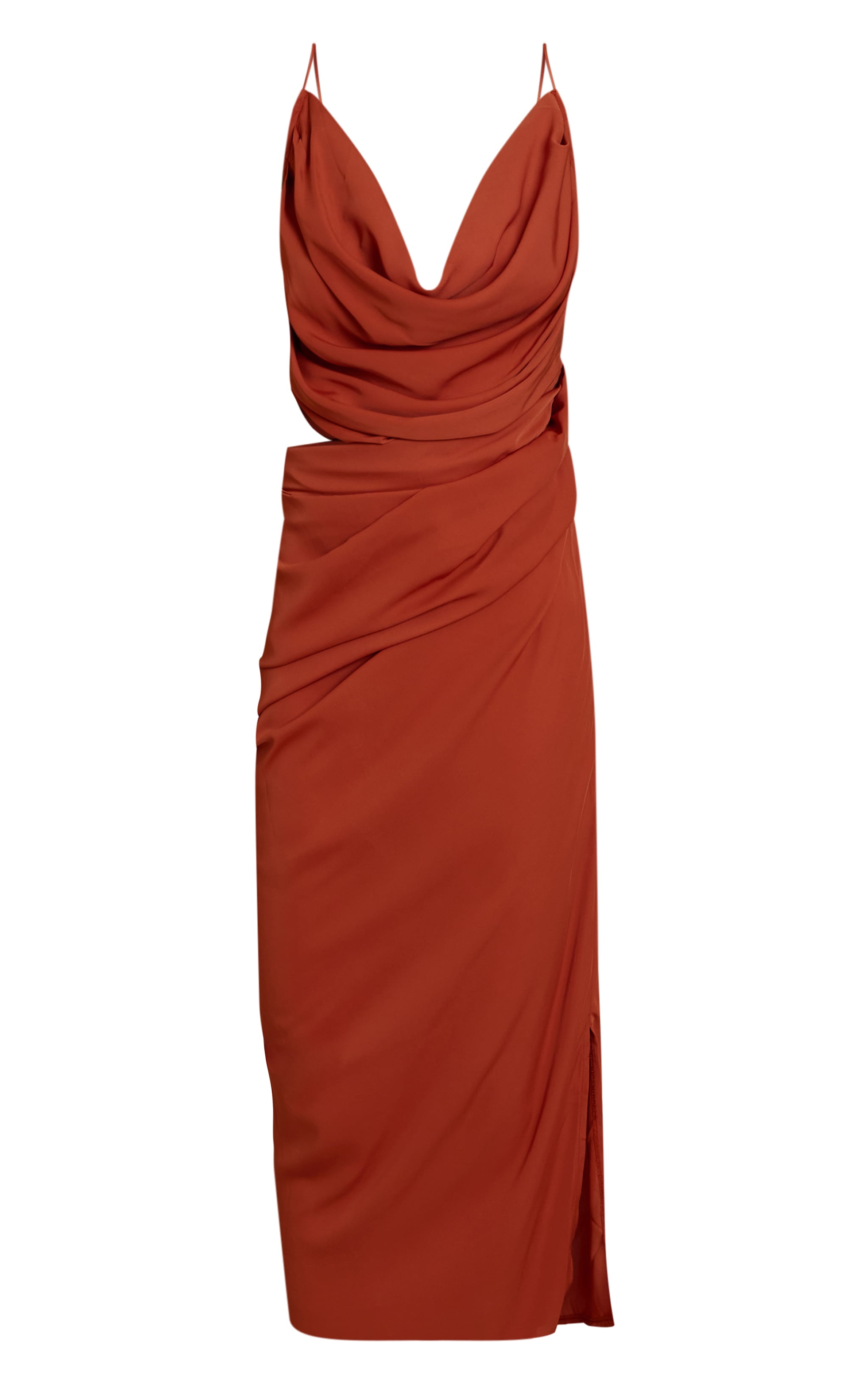 Robe mi-longue en mousseline de soie drapée orange brûlé à découpe image 5