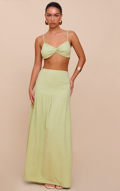 Jupe longue fluide en effet lin citron vert pâle à liséré