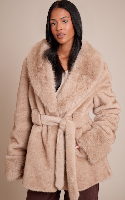 Tall Manteau en fausse fourrure douce gris champignon à nouer