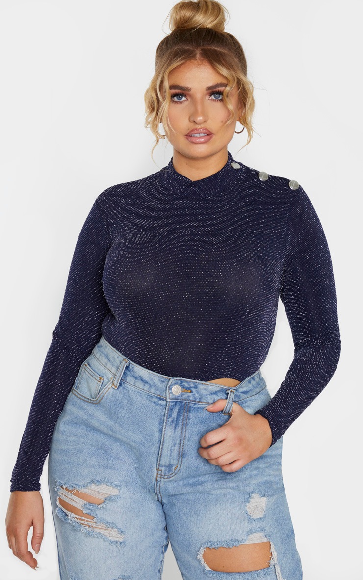 Plus Navy Glitter Button Detail Long Sleeve Crop Top