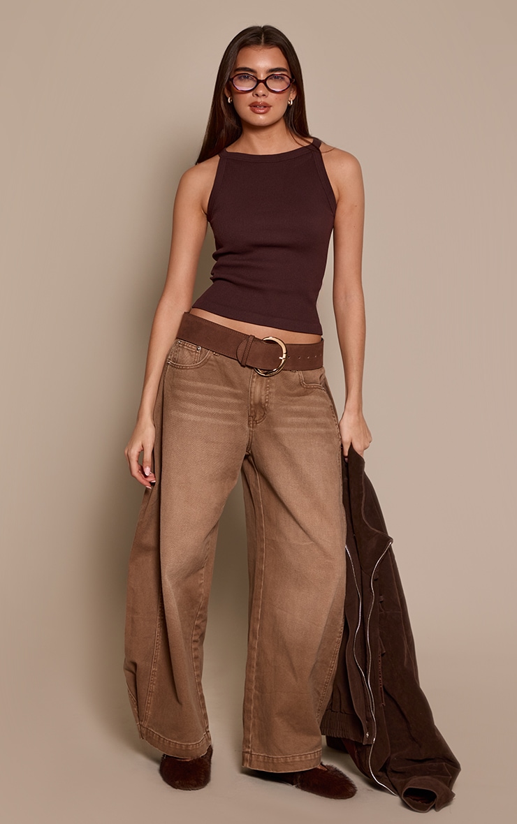 Dark Chocolate Snatched Rib High Neck Racer Vest Top  image 3