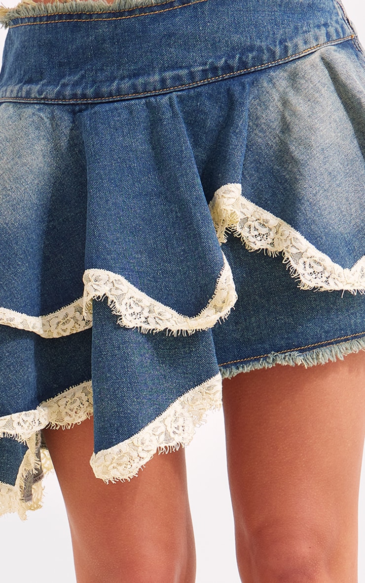 Mid Blue Wash Lace Trim Freyed Edge Denim Skater Skirt image 5