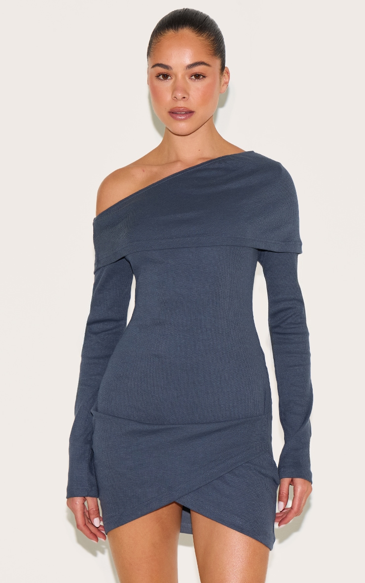 Mini robe côtelée bleu marine à col bardot drapé image 1