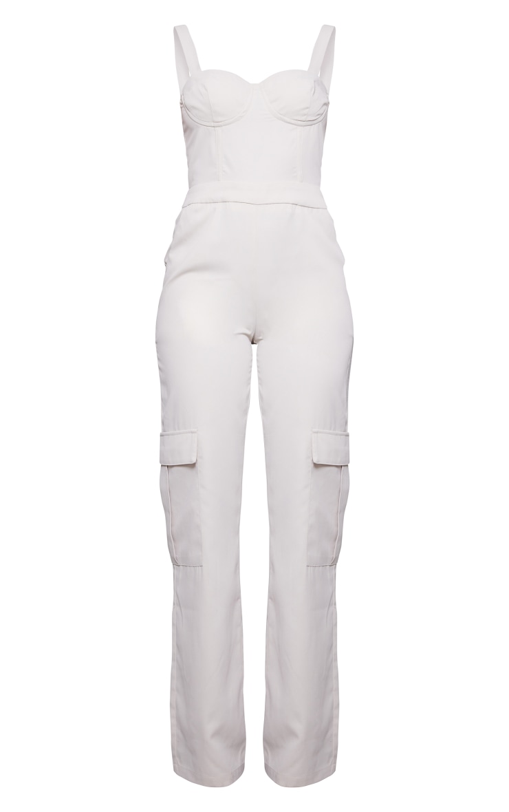 Cream Woven Corset Pocket Detail Strappy Jumpsuit PrettyLittleThing KSA
