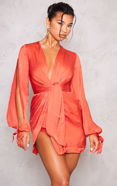 Rust Satin Twist Front Open Sleeve Wrap Dress